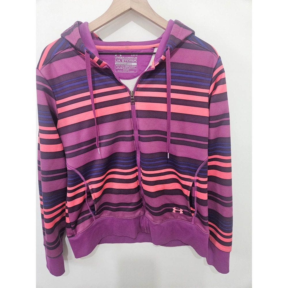 Under Armour UA Storm Hoodie Purple Pink Striped FullZip Fleece Sweatshirt Large